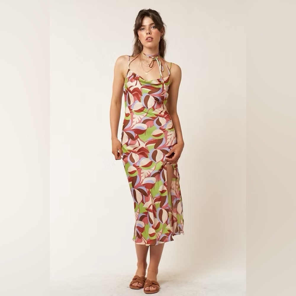 Blue Blush Red and Pink Tropical Floral Slit Midi Dress
